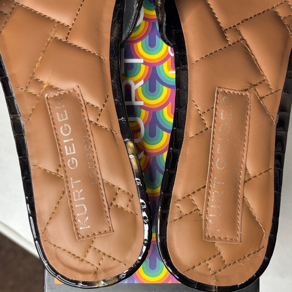 Kurt Geiger Black Slide Sandals with Gold Detail - Picture 5 of 12